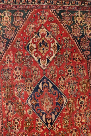 Highly collectable Qashqai, 1860 - 1880. 
200 x 120 cm. 
Beautifully worn, in places worn through, refined knotted, all natural colors te red from Cochenille. 64 knots per Cm.    