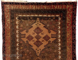 الل . الل Belouch, Beshir? Mainly natural camel wool colors. 
Remarkable border with repeating caracters with the Arab word for God >>الل. 
size 164 x 98 Cm.  5.4 feet x 3.2  ...