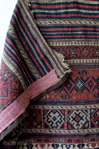  1880 Verneh with soumack combined. 
I think it is Afshar. 
330 x 175 Cm's. 
Well restored. Was a horizontal wall hanging for years. 
Natural colors. 
Ask for more Photo's or details.  ...