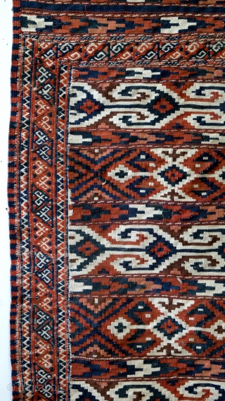 Soumack kilim, Jomouth nomads 1880 - 1890. 
all natural colors in mint condition. 
Size 235 x 160 Cm's. 
Ak-Nagysch and Ak-Gas ornaments. 

please ask for more info or photo's. 
I recomment the  ...