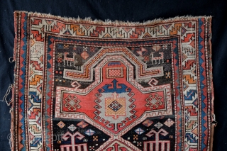 Bordjalou Kazak, prayer rug, 1910 - 1920. my est. 
corroding in the black wool. 
wear in the borders and headings. 
as is. 
          