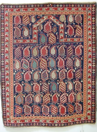 Shirvan, 'Marasali' prayer rug, 3'8"x4'9",  or  110x143 cm    
Decent condition with some localized wear in the field. Original ends with kelim, sides cut and missing 1-2 knot  ...