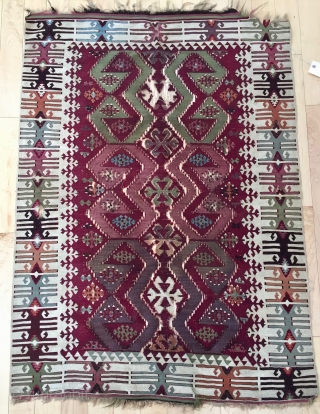 South East Anatolian kelim, 3'2" x 4'4" / 108cm x 130cm. Rough shape, but enticingly cheap.                 