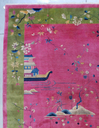 This circa 1925 Art Deco Chinese Rug #7530 measures 9 ft 1in X 11ft 11in (277 x 338 cm). It has a pale raspberry field completely covered in water motif. The bottom  ...