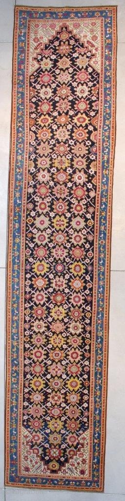 This first half 19th century Karabaugh antique Oriental Rug runner #7628 measures 3’5”  X 16’2” ( 106 x 494 cm). It has a really lovely Minekani design. The flowers are done  ...