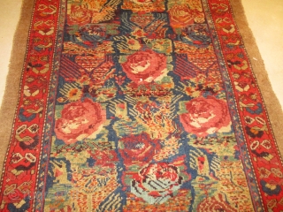 This circa 1880 Camel Hair Hamadan (Serab) Runner #7898 measures 3’5” X 12’10”. This design is the Persian garden design or rose design which is almost always found in Bakhtiari rugs but  ...