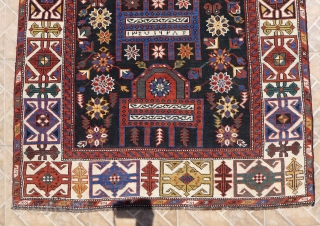 Shirvan 'Throne' Rug, Shemakha district, Maraza village. 185 x 114 cm. ( 6ft x 3.7ft) around 1910.  The design with two opposing "Thrones"  with a central squarish medallion on a  ...