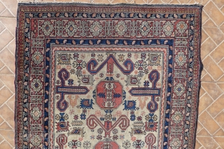 An antique  Perpedil rug.
Size: 3.6 ft. x 6 ft. (111 cm. x 185 cm.)
The design with bold ram's horns and resting camels on an attractive ivory ground.
Well-balanced design with beautiful and  ...