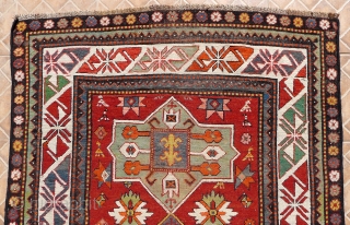 Outstanding Gendje/Bordjalou Kazak, 19th. century. The design with three "Akstafa" medallions in mint green and mid-blue. Each medallion with a central square and a typical Bordjalou "fleur-de-lis" motif.  Bold white ground  ...