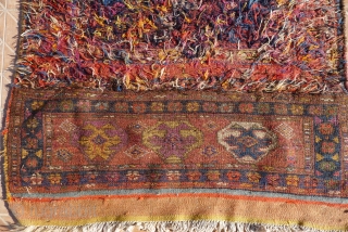 Bakhtiari Horse Cover, 175 x 105 cm. early 20 th. century.
Woven  with different sections in  kilim, piled and soumak technique.
Genuine nomadic weaving, used in bi-annual migrations across the Persian Zagros  ...