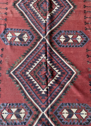 Antique Shirvan kilim from Caucasus. Circa 1900s. Vegetable dye & cochineal coloring. Size: 190x350 cm. Great condition given its age but there are worn areas, there is no repairment, no hole and  ...