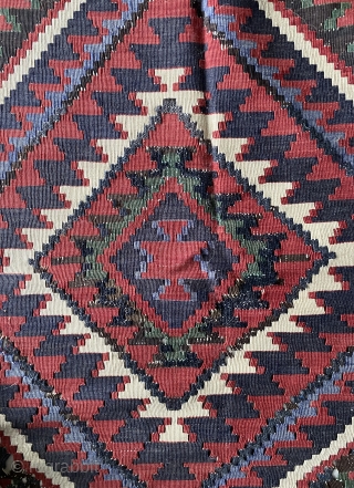 Antique Shirvan kilim from Caucasus. Circa 1900s. Vegetable dye & cochineal coloring. Size: 190x350 cm. Great condition given its age but there are worn areas, there is no repairment, no hole and  ...
