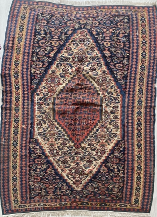 19th Century Senneh kilim. There are worn areas but in great condition given its age. Very well woven. 102 x 140 cm.           
