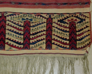 Rare Gossamer Quality Cloth-like finely woven early 19th. Cent. Tekke Striped Chuval with alternating pile and flat-woven areas.
Pile consisting of red and light and dark blue wool, white cotton, and yellow and  ...