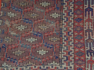 Rare and unusual Yomud-sub-group Engsi finely woven with twisted cotton and wool wefting, early 19th. century, 64'' X 45''(163 X 115cm)            