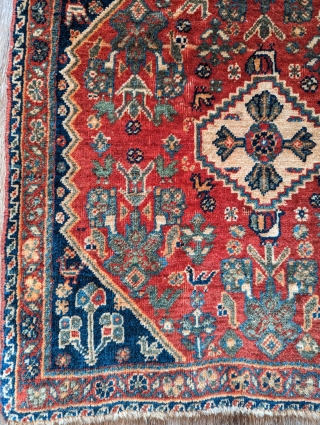 A Dynamic Antique Qashqai bagface, circa 1920 from S.W. Persia, a wonderful range of colors with unique bird designs, soft lustrous wool, in good condition size 2" by 2"    