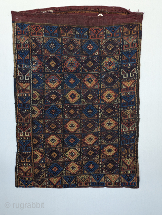 A dynamic Kurdish chuval(storage bag) woven in the soumak technique from circa 1940 or before, with a wonderful range of all-natural dyes. It is a fine example of tribal weaving with an  ...