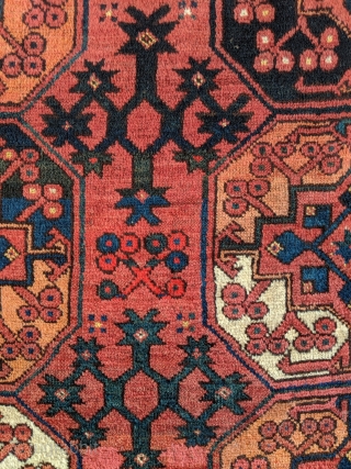 A dynamic Ersari (Uzbek?) main carpet. 100" x 77". Very good condition, with thick pile throughout most of the carpet. A strip of repair at both ends. SOLD (thanks).    