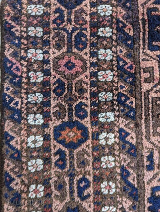 A beautiful Sangchuli Baluch from N.E.Persia great colors and design,some use of green.size 4'11" ×2'11" good condition, full pile missing kilim on both ends.         