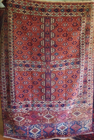 Dynamic Yomut engsi. Dimension 72" x 51". Very good condition overall, but a strip of high-quality replacement at either end (see close-up photos of ends). Wonderful colours. Rare (unique?) use of extraneous  ...