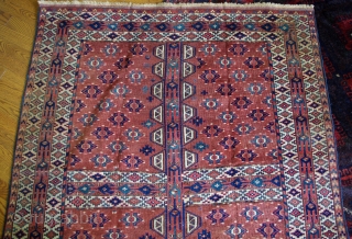 Dynamic Yomut engsi. Dimension 72" x 51". Very good condition overall, but a strip of high-quality replacement at either end (see close-up photos of ends). Wonderful colours. Rare (unique?) use of extraneous  ...