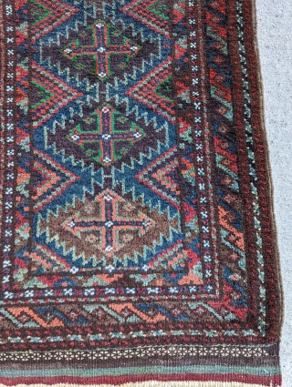 Detail of a Dynamic Sistan Baluch Balist(cushion), a wonderful range of different greens, blues, and other natural dyes, with a soft floppy handle, size 1'9" by 3'2"

      
