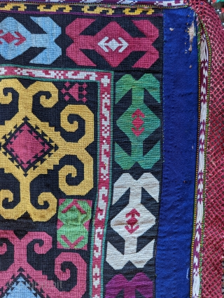A Dynamic Antique Uzbek Silk Lakai, a very finely woven textile of great colors and design, specially made for a women's dowry, circa 1900, in excellent condition. Size 2" by 2"  