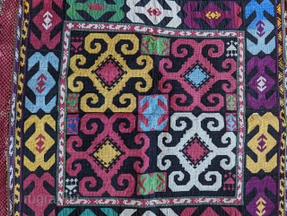 A Dynamic Antique Uzbek Silk Lakai, a very finely woven textile of great colors and design, specially made for a women's dowry, circa 1900, in excellent condition. Size 2" by 2"  