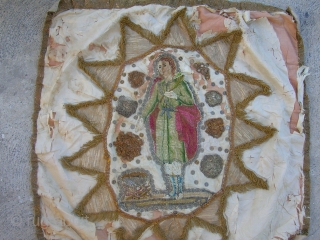  Ecclesiastical Panel with silk embroidery
Depiction of the Virgin Mary in the center, decorated and surrounded by both silver and gold passementerie (braid); old metallic disks and metallic fringe; Beige silk ground  ...