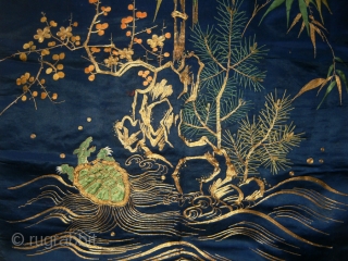 Silk embroidered fukusa (gift covering cloth), good-for-any-occasion motifs of The Three Friends ~ Pine, Bamboo & Pine, longevity symbols the crane and sea turtle and Horaizan, the Island of the Eight Immortals/The  ...