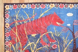 Antique INdonesian textile.  What a lovely subject with an airplane wagon and tiger on top of the hills!  3'x6'.            