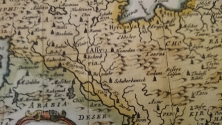 This is an original antique map of Persia by Adam Olearius, ca. 1647 A.D., with a later hand coloring in excellent condition. Approximately 5.5" x 5".       