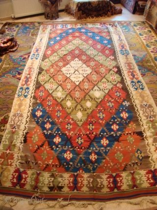 Antique Central Anatolian Kilim wonderful colours and  nice condition all orginal  it has some repair size:3,85 X 1,56 cm (12''6 X 5''1 foot) circa 1870      