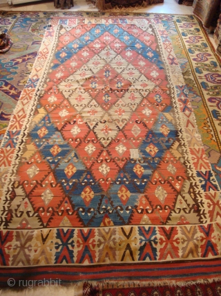 Antique Central Anatolian Kilim wonderful colours and  nice condition all orginal  it has some repair size:3,85 X 1,55 cm ( 5''1 X12''6 foot) circa 1880      