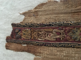 Coptic textile, polychrome wool and linen, 3rd the 6th . Century.
Mounted on linen stretcher 360mm x 230mm. Textile is about 10 inches top to bottom.
        