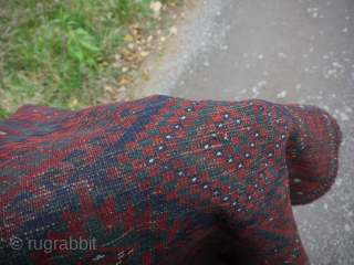 Baluch Carpet Mushwani Tribe ? 3 m x 1.29 m   - 2x Kilim ca. 12 cm  .Wool on wool .thin spots.         