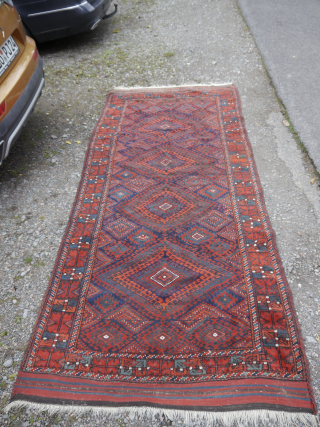 Baluch Carpet Mushwani Tribe ? 3 m x 1.29 m   - 2x Kilim ca. 12 cm  .Wool on wool .thin spots.         