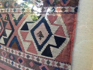 A late 19th century Shahsavan kilim made from two mafrash bag side panels stitched together. Appears to be dyed with a combination of natural and synthetic dyes. Several visually interesting, historic repairs.  ...