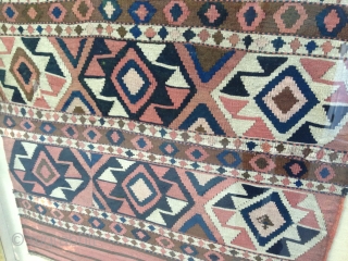 A late 19th century Shahsavan kilim made from two mafrash bag side panels stitched together. Appears to be dyed with a combination of natural and synthetic dyes. Several visually interesting, historic repairs.  ...