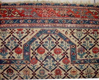 Early caucasian prayer rug, wth silk wefts and a few knots of silk highlights in the field                