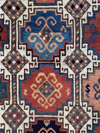 Mid 19th century Caucasian Memling  kazak with fantastic colors , some condition issues , size 224x136cm                