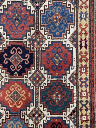 Mid 19th century Caucasian Memling  kazak with fantastic colors , some condition issues , size 224x136cm                