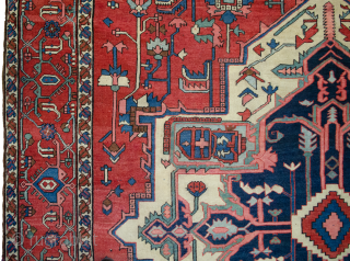 Remarkable 19th Century antique Serapi carpet 443x295cm. it is in very good condition. Couple of cm each end rewoven expertly and small repairs in the field which cannot be seen.

More Info:   ...