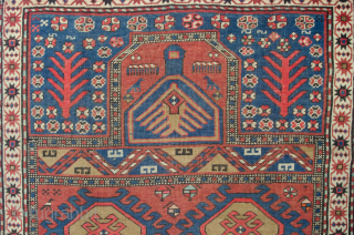 Unusual antique Karabagh rug with Mehrab design. Very good saturated natural dyes and even low pile with some small areas of repiling. 127x105cm

More info: https://sharafiandco.com/product/antique-karabagh-rug-127x105cm/
        