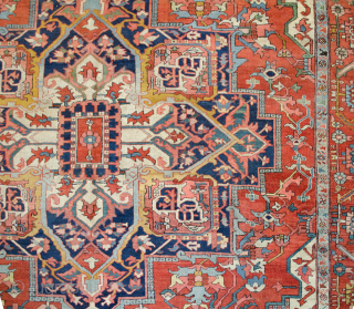 Antique Serapi Carpet with wonderful saturated colours and in very good condition. A little bit of loss to one end and some low areas as shown in the images. 394x293cm

More info: https://sharafiandco.com/product/antique-serapi-carpet-394x293cm/
 