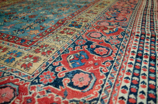 This is a most unusual 19th-century Farahan rug, 290x140cm, with a Turkish design. As shown in the image, there is a repair, and the selvedges are rebound. It is evenly worn, which  ...