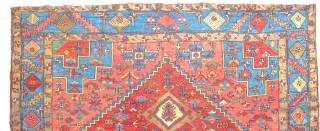 Antique Heriz Karaja 398x299cm. This piece has quite an unusual design for a Heriz or a Karaja carpet. The terracotta ground colour has a wonderful harmony with the blue and the peach  ...