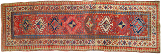 Antique Shahsavan Runner 321x109cm, late 19th Century
Splendid antique Shahsavan runner with a beautiful hue of red for ground colour. Multiple medallions run along the centre, with charming motifs scattered in the field.  ...