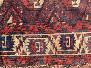 Early classic P- chodor Yomud main Rug fragment mid 18th Century -1790 
Very pretty secondary guls , condition several holes not breaking please ask future details       