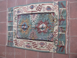 3' 5" x 4' 10" European Kilim; needs to be cleaned.  3 day returns/shipping included in quote/U.S.A.               